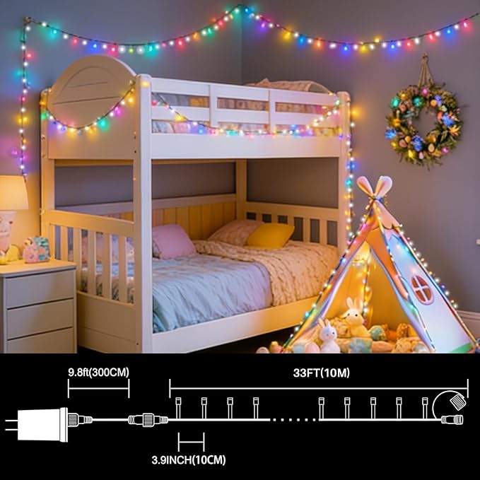 LAMPHOME 33ft Easter String Lights Plug in, 100 LED Pastel Twinkle Fairy Lights Green Wire, 16 Modes Easter Outdoor Indoor Decorations for Tree Christmas Wedding Party (White+Multicolor)