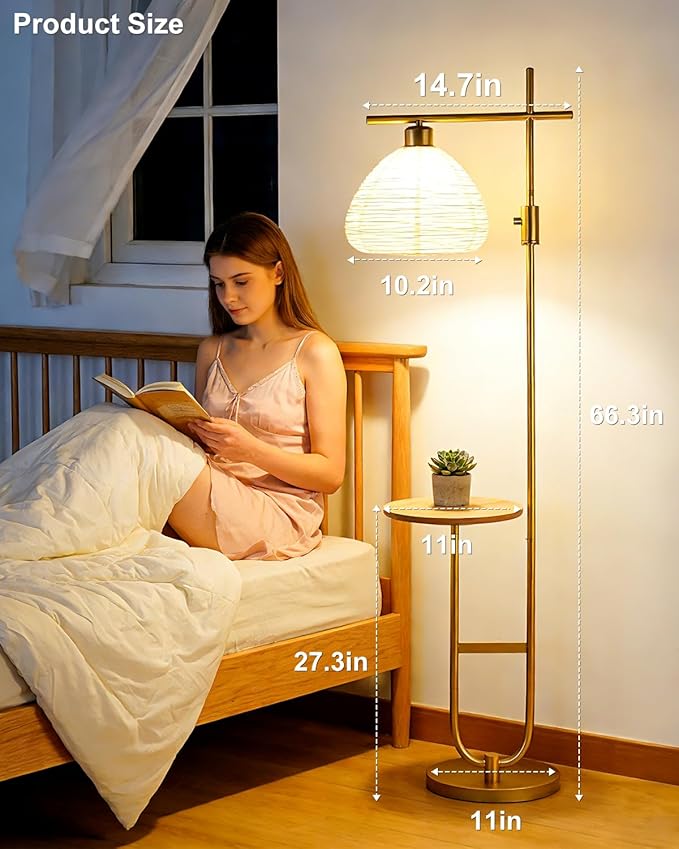 66IN Dimmable Gold Floor Lamps with Storage Table, Modern Standing Tall Lamp with Milky White Lampshade, Cross-Shaped Lamp Head and U-Pole Base Style for Living Room/Bedroom
