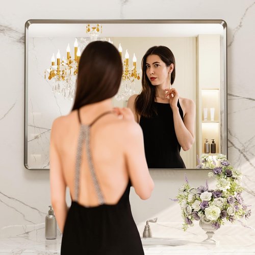 LOAAO Brushed Nickel Bathroom Mirror - 40X30 Inch Rounded Rectangle Design | Anti-Rust, Shatter-Proof, Versatile Hanging Options