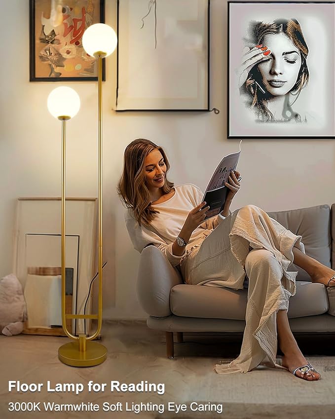 63IN Dimmable Floor Lamp with Shelf, Unique Globe Gold Tall Standing Lamps with 2 Bulbs, 3000K Warmwhite Mid Century Modern Floor Lamp for Living Room/Bedroom