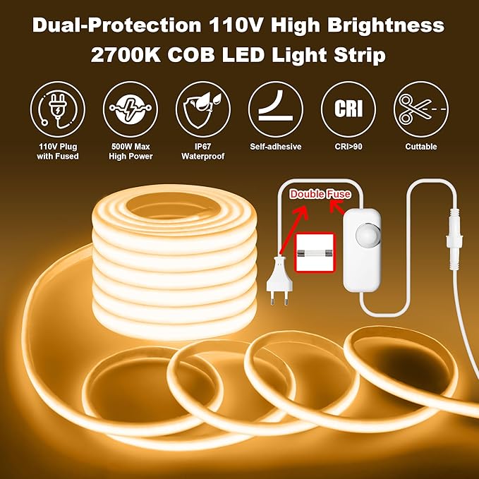 IP67 Waterproof COB LED Strip Lights AC 110V-120V Direct Plug, 66FT Super Bright Outdoor Strip Lights with Double Fuse Controller, 2700K Warm White LED Strips for Garden Patio Commercial Decor