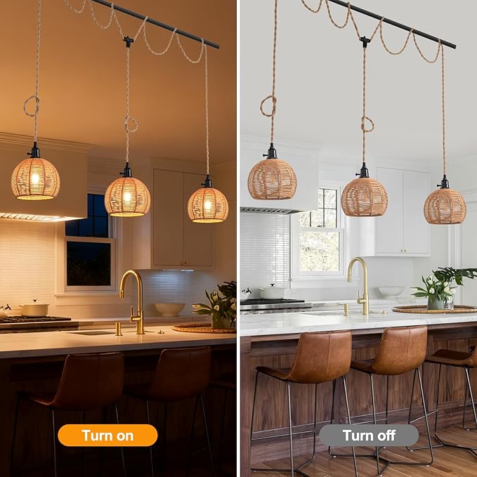 3-Light Hanging Light with Plug in Cord,Plug in Pendant Light 22ft Hemp Rope Pendant Lighting Vintage 3-Light Hanging Lamp Fixtures for Kitchen Island Living Room Bedroom