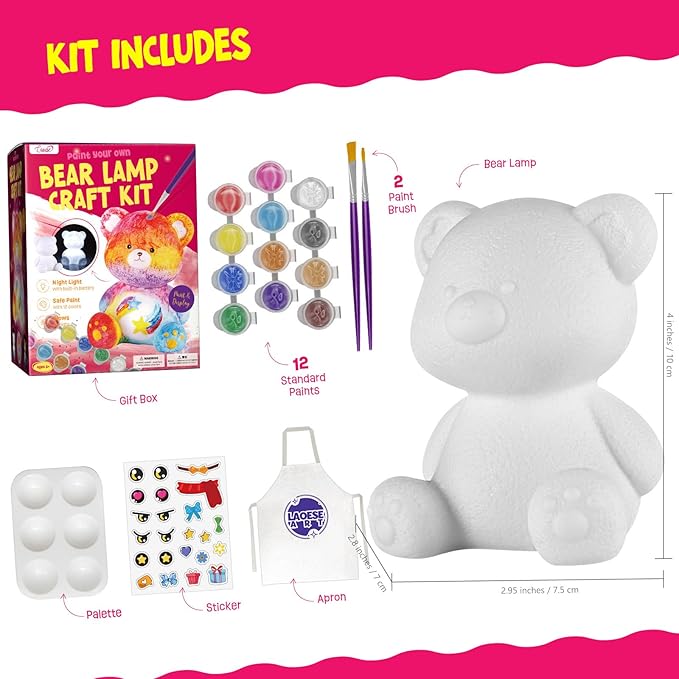 Paint Your Own Bear Lamp Kit, Art Supplies Bear Painting Kit for Kids 6-12, Arts and Crafts for Kids Ages 8-12, Bear Toy Girls Boys Birthday Easter Gifts for Kids Ages 3 4 5 6 7 8 9 10 11 12+