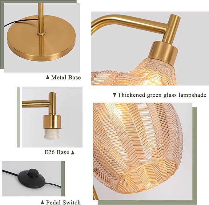 Gold Floor Lamp for Living Room, Modern Stained Glass Standing Lamp with Remote, Dimmable Amber Lampshade Tall Floor Lamps, Mid Century Vintage Floor Light for Bedroom Study Room Office (Amber)