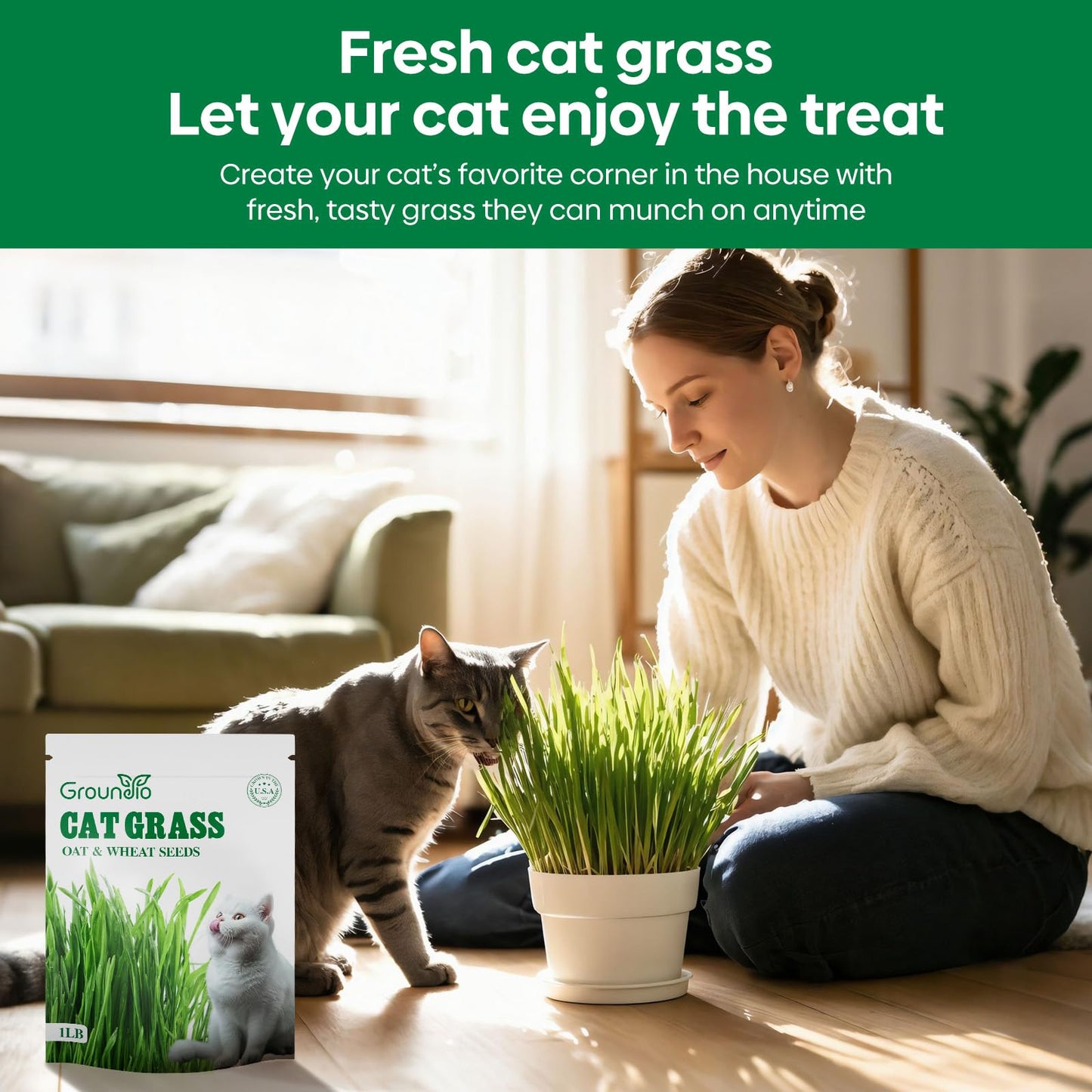 Groundio Cat Grass Seeds, 16 OZ, Grown in The USA for Indoor Cats, Non-GMO, 1 Pound