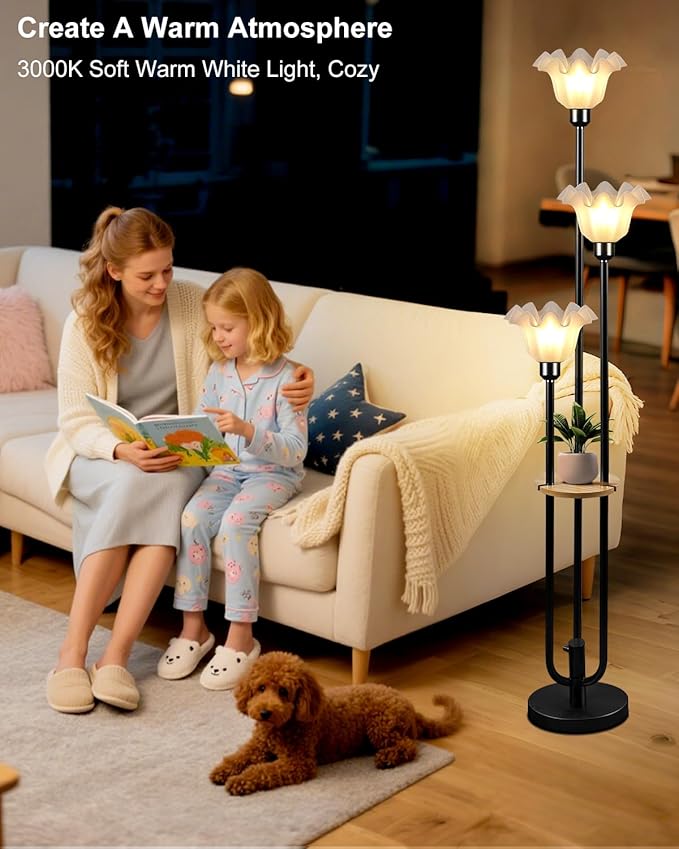 Lightdot Flower Floor Lamp for Living Room, Dimmable Vintage Floor Lamp with Shelf& Bulbs Included, 3 Light Warmwhite Mid Century Black Floral Standing Tall Lamp for Bedroom/Sofa Beside/Corner Decor
