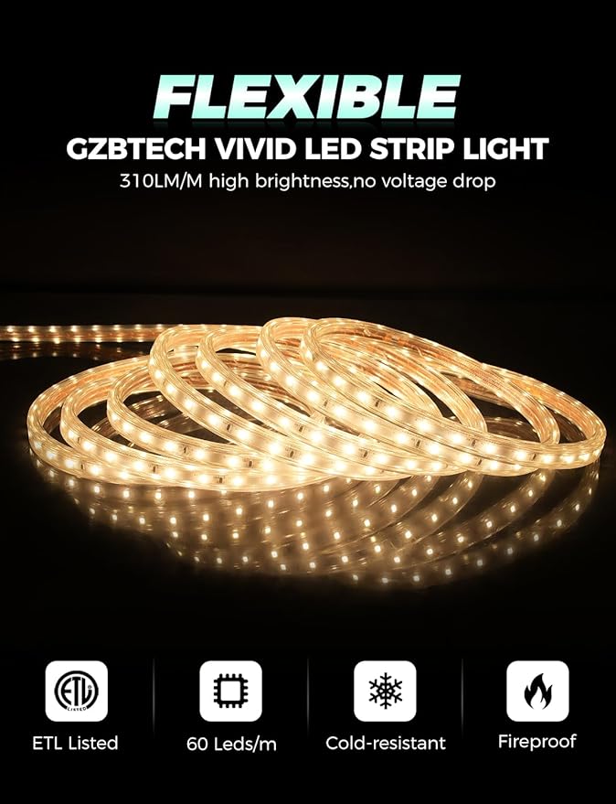 GZBtech AC 110-120V LED Strip Lighting 66FT/20M, 2800K Warm White IP65 Waterproof Outdoor Strip Lights, 60LEDs/M SMD2835 Cuttable & Connectable LED Rope Light for Indoor Outside Exterior, ETL Listed