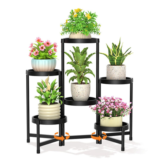 LASZOLA 6 Tiered Plant Stand Indoor Outdoor with Plastic Tray, Corner Folding Tall Flower Display Rack, Modern Plant Holder Shelf for Outdoor Patio Porch Garden Office Living Room, Black