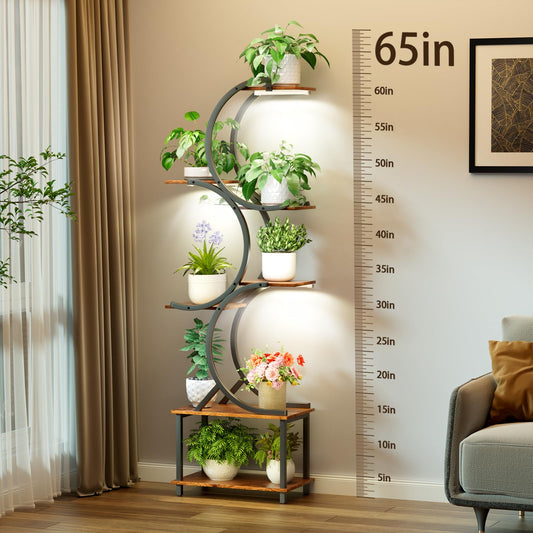 REFGY Plant Stand Indoor with Grow Lights, 65 inch Tall Plant Shelf for Multiple Plants, 7 Tiered Metal Plant Stands Indoor, for Living Room, Corners Patio Balcony or Office (Rustic Brown)