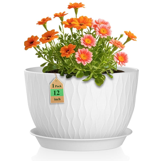 WSMKSZ 12 Inch Large Plant Pots for Indoor or Outdoor Plants, Wide Water Ripples Flower Pots with Drainage Holes & Saucer, Plastic Planters Set for Garden & Home Decor (White)
