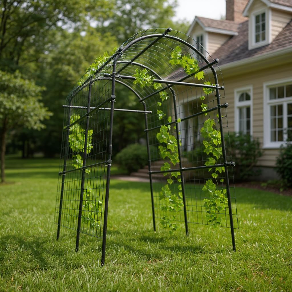 GarveeLife 7.5FT Metal Garden Arch Trellis with Netting, Adjustable 35"–45" Arbor for Climbing Plants, Roses, Grapes & Vegetables, Weatherproof Steel Pergola with Ground Clips, Easy Fold-Out Assembly