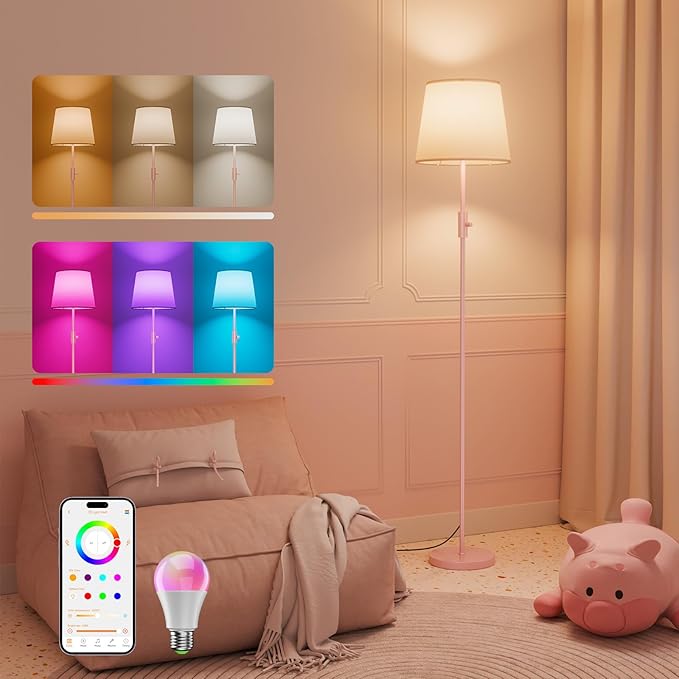 Smart Floor Lamp with RGBCW Color Change Bulb, Compatible with Alexa, Siri, Google Voice & App Control, Standing Lamp with Linen Shade, Tall Lamp for Living Room, Bedroom, Office,Pink