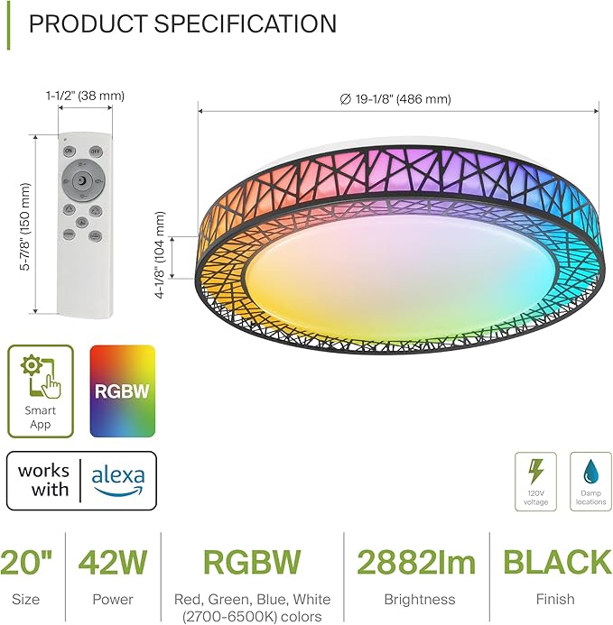 ASD 20 Inch Smart RGBW Flush Mount Ceiling Light with Remote - Matte Black 42W 120V 2700-6500K Dimmable Ceiling Light Fixture, WiFi App Control RGB Lights, Alexa & Google Assistant - ETL