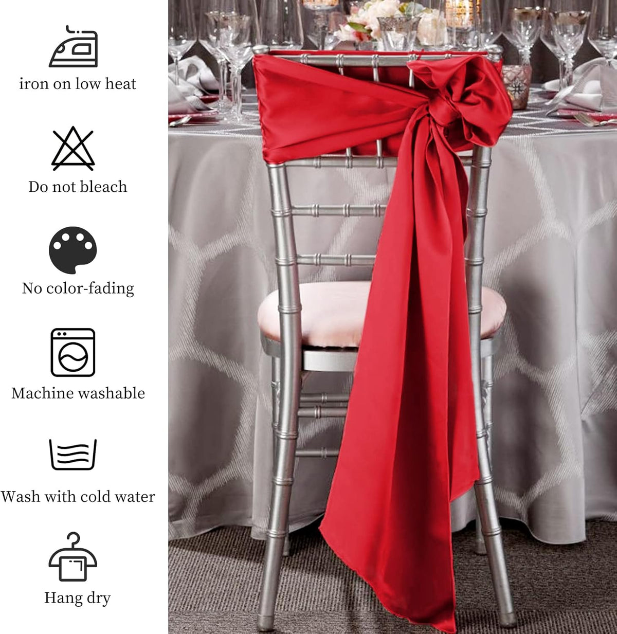 Showgeous 60 PCS Red Satin Chair Sashes - Elegant Bows for Wedding & Party Decor | 7 x 108 Inch