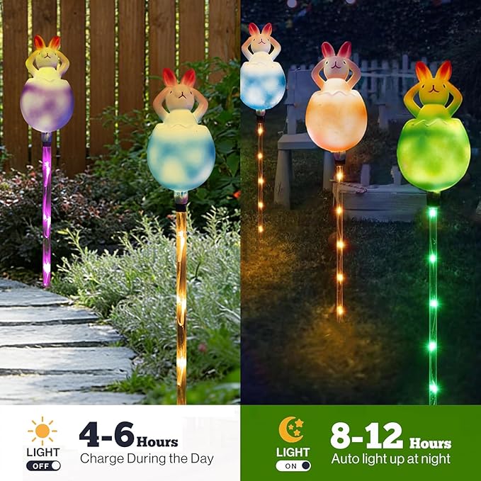 AVEKI 6 Pcs Easter Bunny Solar Pathway Lights Outdoor, Stake Lights with 8 Lighting Modes, Waterproof Outdoor Garden Lights for Easter Decorations Yard Pathway (Bunny)