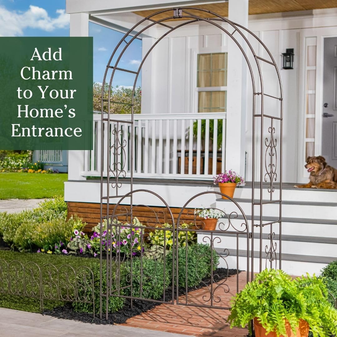 Plow & Hearth Arch Metal Outdoor Garden Arbor, 84 inches Tall, Iron Trellis Lattice for Climbing Plants, Wedding Arch, Outdoor Patio Décor (Montebello-Gunmetal with Gate)