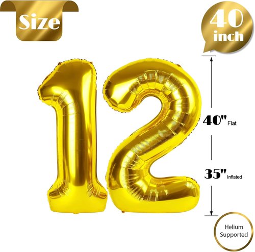 Gold Number 12 Balloon - 40 Inch Golden Birthday Decoration for 12th Year Celebration