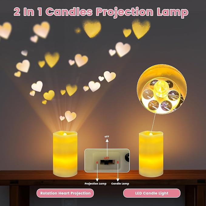 Flameless Candle Heart Projector Light,Valentines Day Decorations Candles Lamp with Romantic Heart Projector Lights, Battery Operated LED Candle with Remote&Timer for Girl Women Mom (Ivory - Heart)