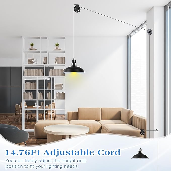 VIHOSE 4 Pcs Industrial Vintage Plug in Pendant Ceiling Light Hanging Lamp E26 E27 Hanging Light Fixtures with Plug in Cord 14.76ft Switch, Metal Adjustable Pulley Wall for Bedroom Restaurant Kitchen