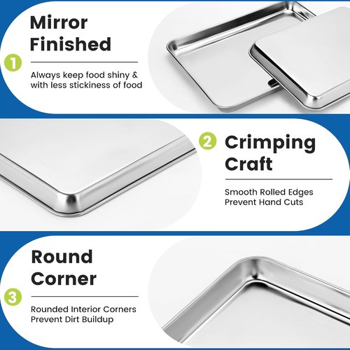 BIEAMA Stainless Steel Baking Sheet Pans - 6 Pack Cookie Sheets for Toaster Oven | Rust-Resistant, Dishwasher Safe, 17.3" L × 12.2" W × 1" H
