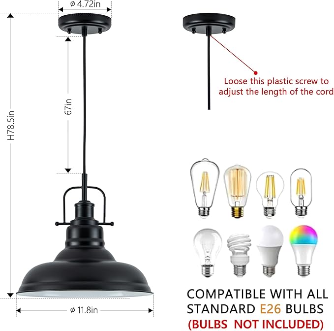Famrhouse Pendant Light, Black Pendant Light Fixture with Metal Dome Shade, Adjustable Height Hanging Light for Kitchen Island, Living Room, Bedroom