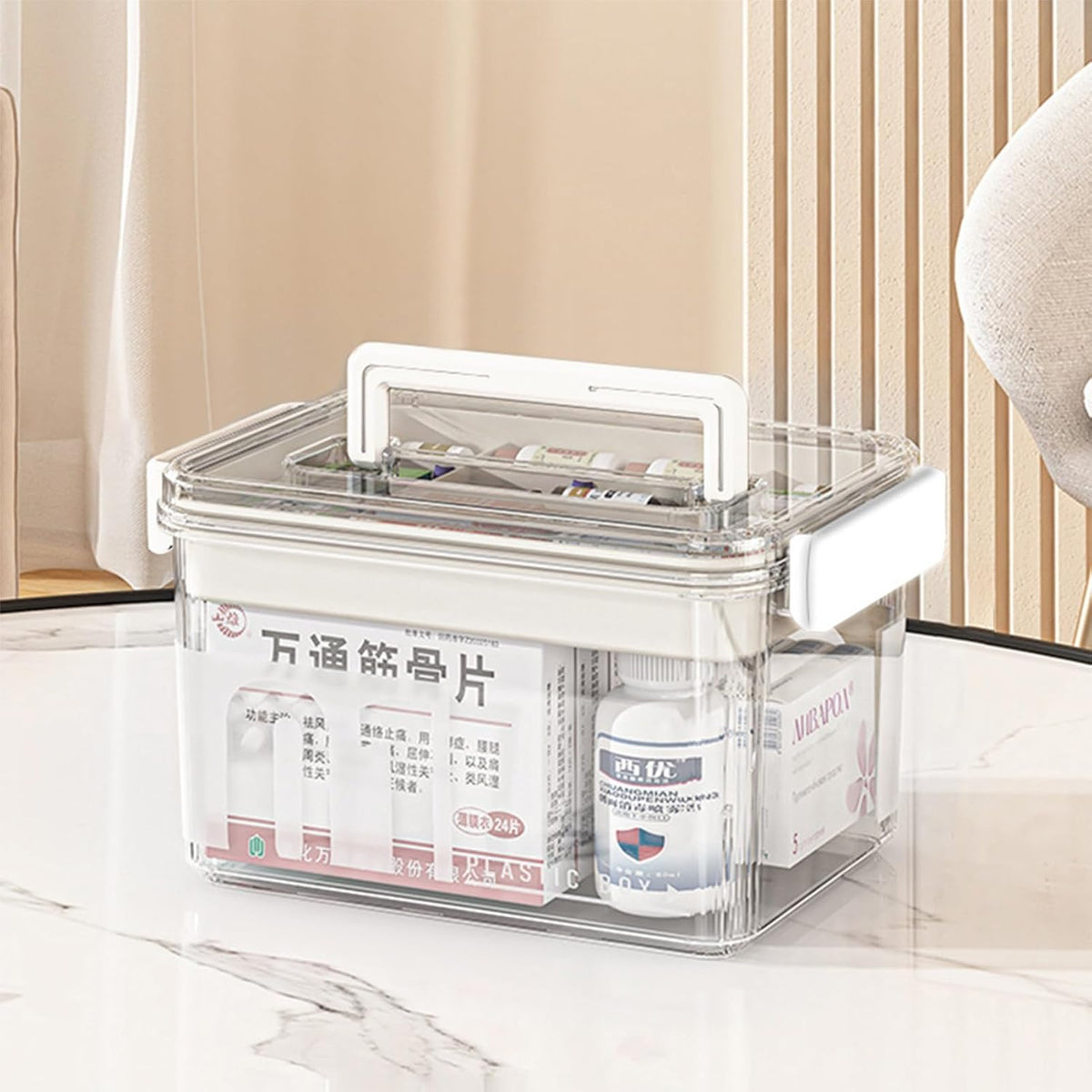 Skiennix Medicine Storage Box - Clear Plastic Organizer with Handles & Removable Tray for Home, Office & Travel