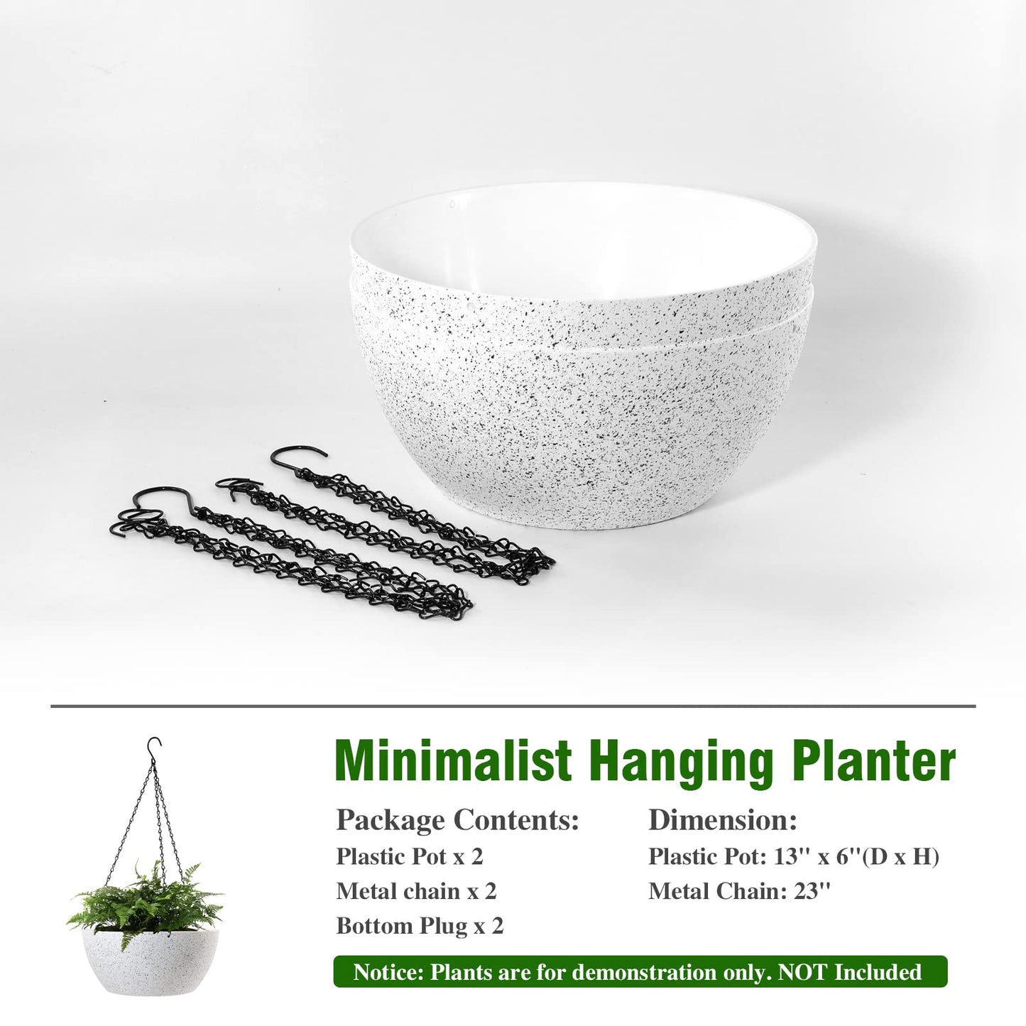 WSMKSZ 13 inch Large Hanging Planters Plant Pots for Outdoor Indoor Plants with Drainage Holes and Chain, 2 Pack Round Hanging Flower Pots for Garden Home Porch Decor, Speckled White
