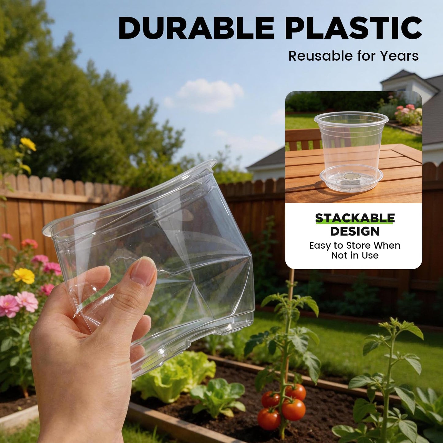 Clear Nursery Pots with Saucers 24 Pack, 4/5/6/7 Inch Plastic Plant Pots, for Indoor Outdoor Succulents Orchids Seedlings, Flower Containers with Drainage Holes and Tray, Small Garden Planters