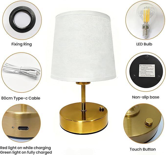 Mini Gold Portable Cordless Table Lamp, Rechargeable Bedside Lamp, Stepless Dimming Touch Control Nightstand Lamp, 2700K Warm Light, Vintage Desk Lamp for Living Room, Dining Table Decor (Mini)