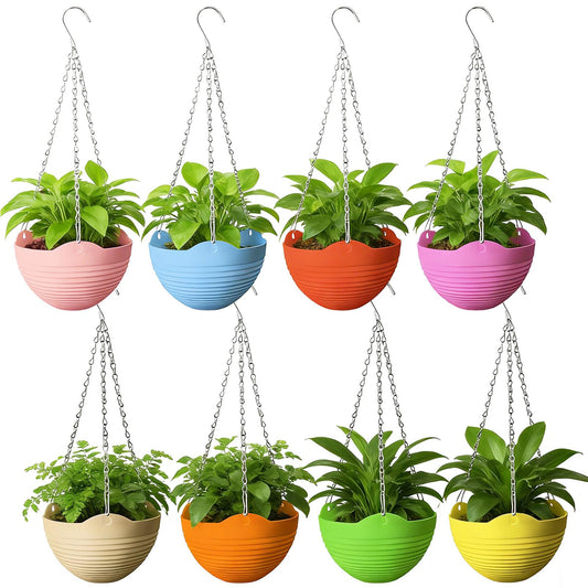 Srmayyi 8 Pack 8 Inch Plastic Self Watering Hanging Planters,Colorful Hanging Basket Planter with Drainer and Metal Chain,Garden Flower Plant Pot Container for Indoor Outdoor Plants,8 Colors