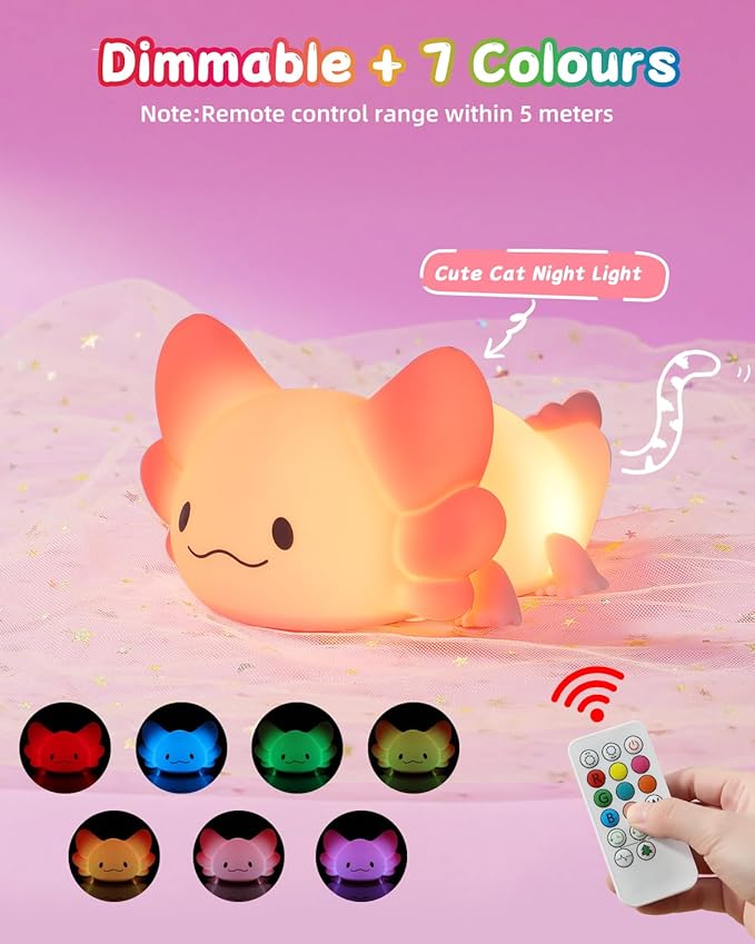 ZKLiLi Night Light for Kids Lamp, 16 Colors Lamp Cute, Dimmable Baby Night Lights for Nursery,Silicone Rechargeable Nightlight for Kids Room, Kawaii Room Decor (Axolotl-Remote)