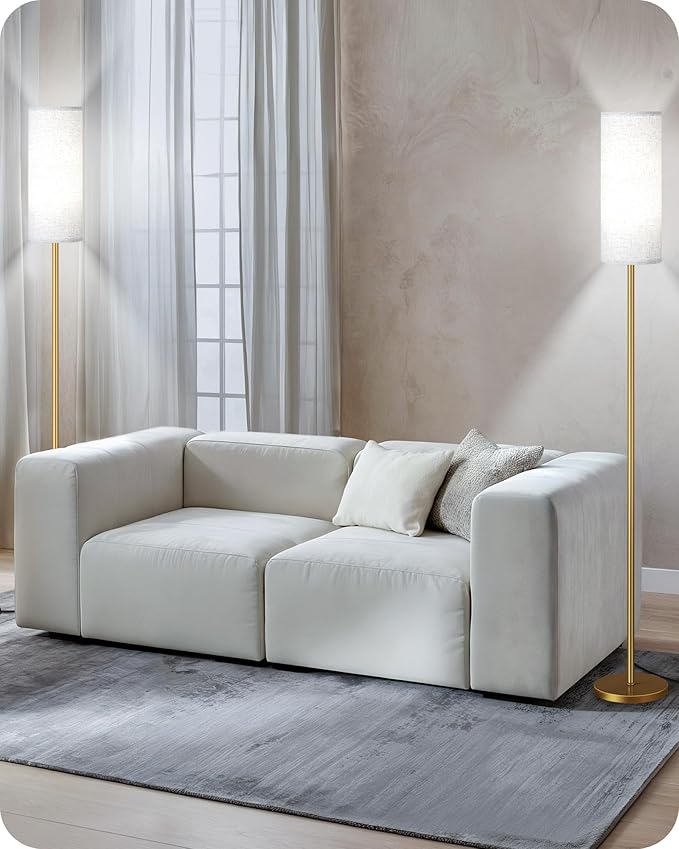 Set of 2 Dimmable Floor Lamps for Living Room with 2 Remotes and Foot Switch, Modern Standing Tall Lamp, Corner Lamp for Bedroom, Bulb Included, 3000K-6500K, Beige and Gold DE06LDP205W1