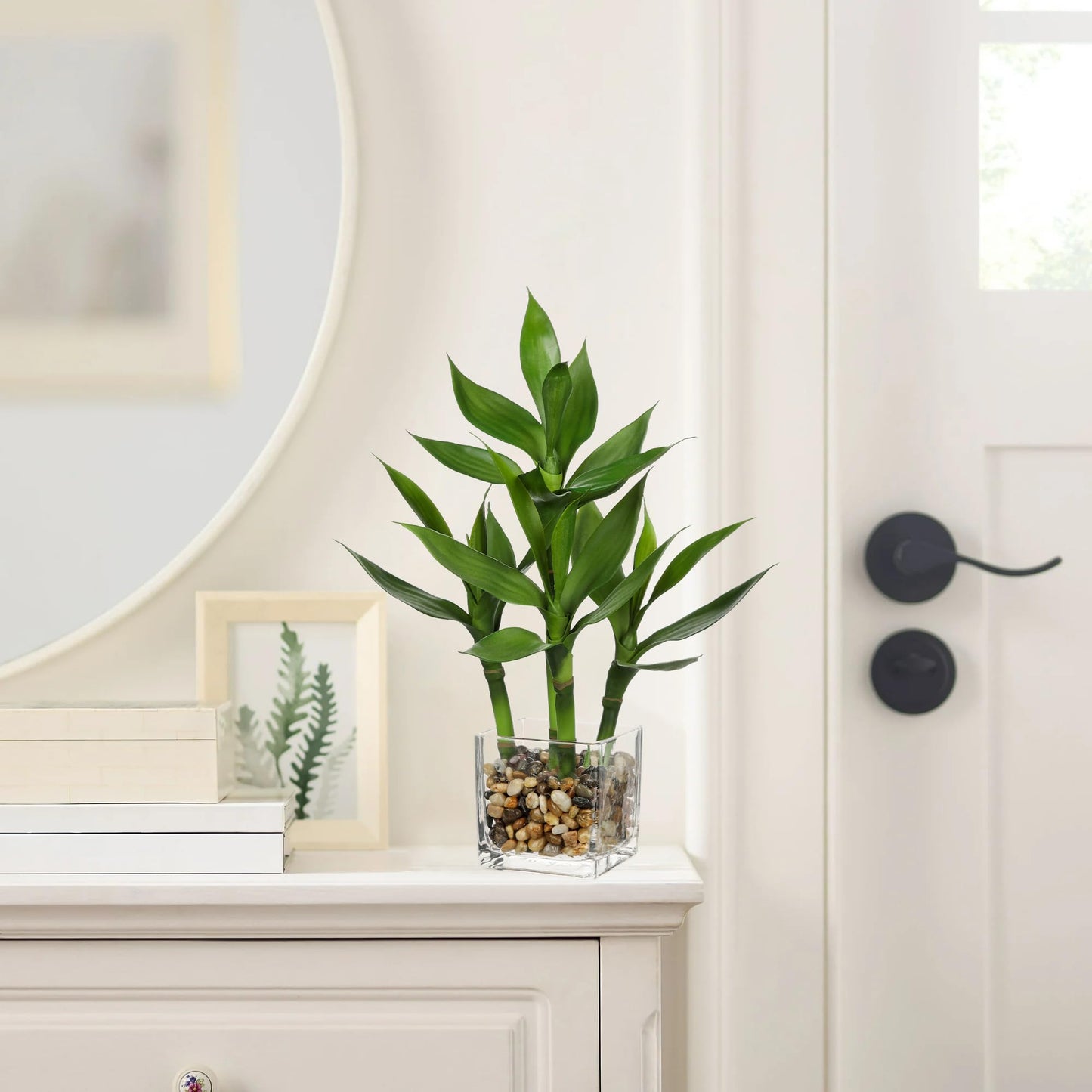 GnFlus Artificial Lucky Bamboo Plant 17.3 Fake Plant in Rectangular Glass Pot for Centerpiece Table Decorations Farmhouse Wedding Home Greenery Decor