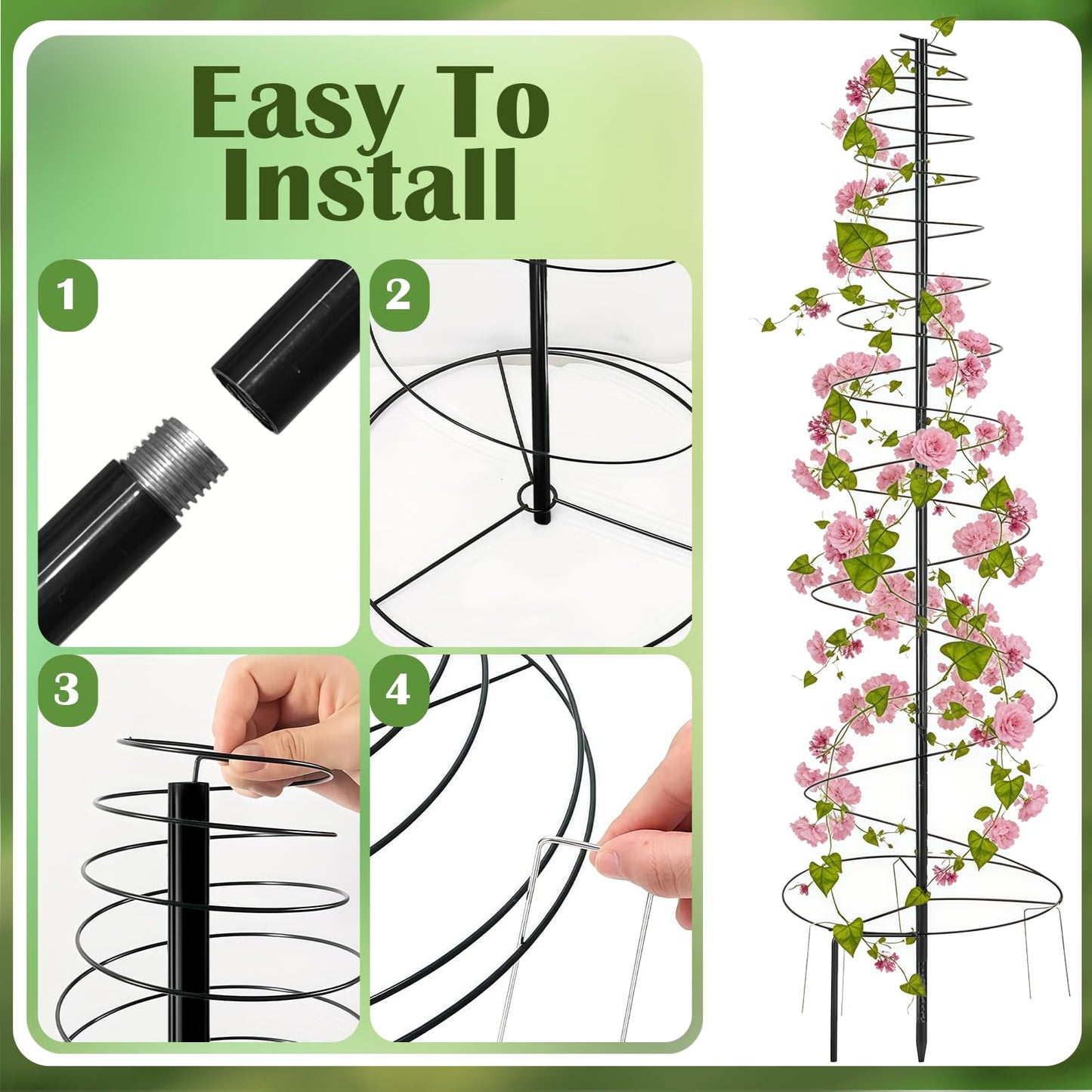 2 Pack Spiral Metal Garden Trellis for Climbing Plants Outdoor, 12"-59" H Adjustable Plant Grow Cage Support for Pole Bean, Pea, Morning Glory, Clematis (Includes Metal Central Stake, More Stable)