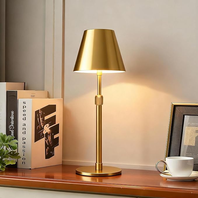 Mr.White Outdoor Waterproof Rechargeable Cordless Table Lamp with Telescopic Pole & Wicker Shade, 5200mAh Battery Operated Table Light with Touch Control, for Patio Restaurant Kitchen (Gold 2 Pack)