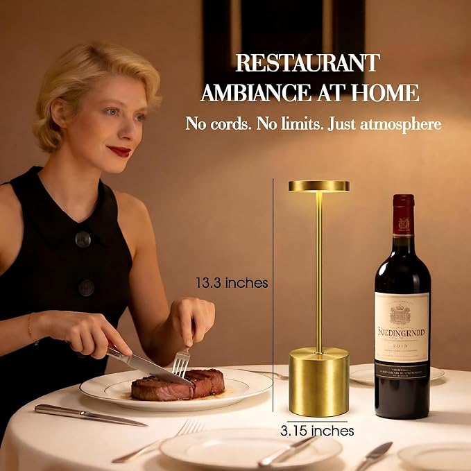 Cordless Table Lamp – 2 Pack Rechargeable Table Lamps, 5000mAh Battery Operated Lamp with 3-Color Dimmable Light, Outdoor Table Lamp for Bedroom, Restaurant, Patio, Home Décor (Gold)