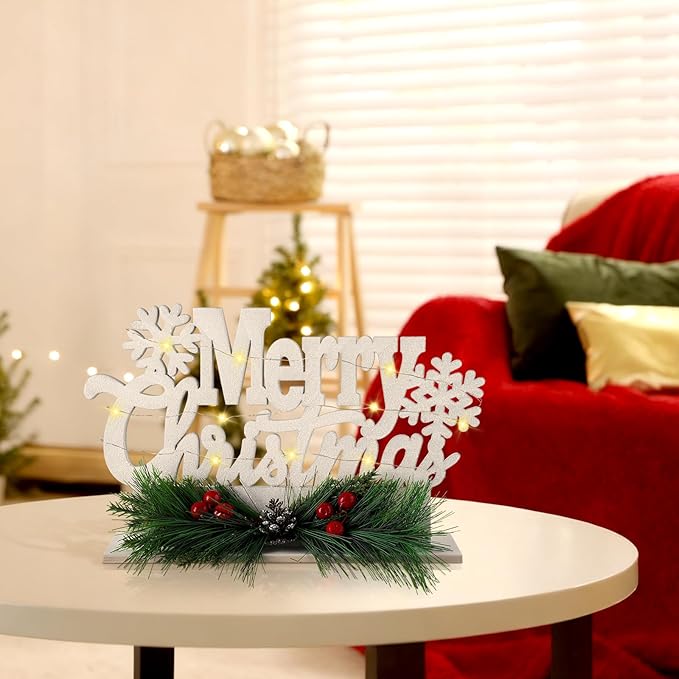 Leinuosen Merry Christmas Sign Wooden Christmas Table Sign with Holly and LED Light White Xmas Wooden Table Centerpiece for Mantel Fireplace Shelf Xmas Party Home Tabletop Decoration
