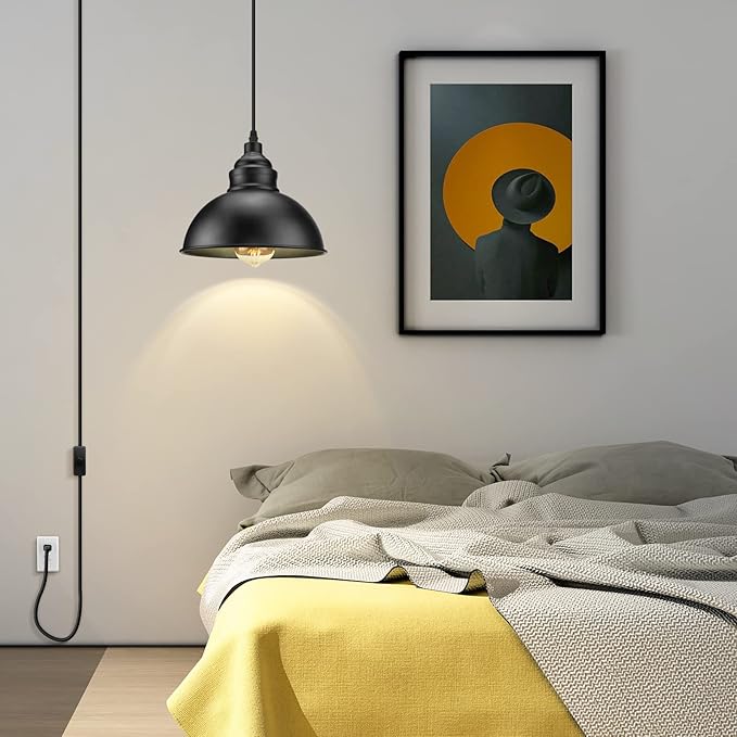 Plug in Pendant Light, 15FT Hanging Lights with Plug in Cord, On/Off Switch, Industrial Pendant Light with Plug in Cord, Metal Hanging Lamps for Living Room, Kitchen, Dining Room, Bedroom