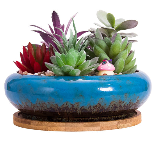ARTKETTY Succulent Pots - 7.3 Inch Large Succulent Planters with Drainage Ceramic Bonsai Pots with Bamboo Tray, Shallow Planters for Indoor Cactus Plants Decorative Flower Plant Container