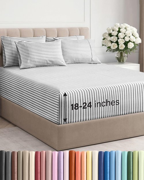 Extra Deep Cal King Sheet Set - 6 Piece Breathable and Cooling Sheets - Hotel Luxury Bedding for Women, Men, Kids & Teens - Easy Secure Fit - Soft & Wrinkle Free - Extra Deep Pockets - Grey Stripes