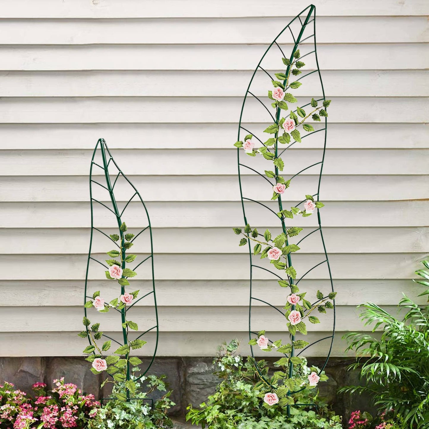 Garden Trellis Plant Support Trellis Green Leaf Trellis Garden Decoration for Climbing Vines Floral Metal Trellis Set of 2（Green）