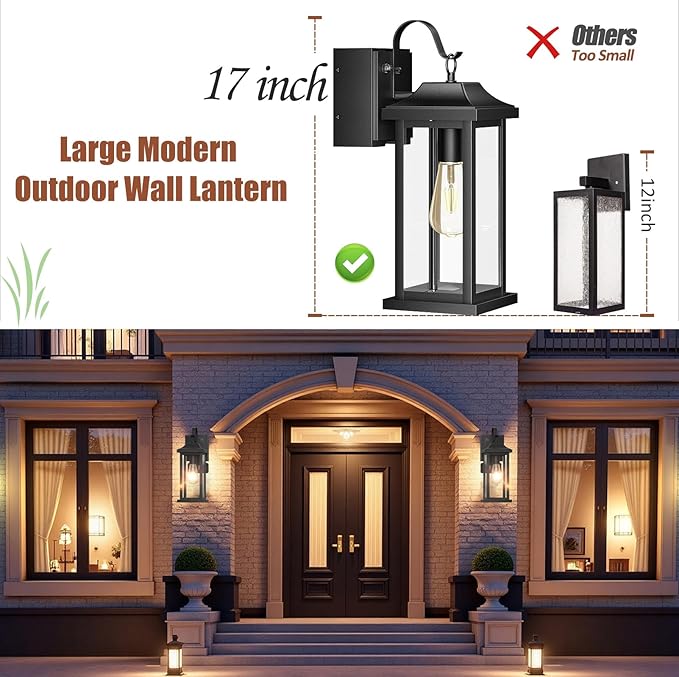 17 Inch Dusk to Dawn Outdoor Lighting with GFCI Outlet, Large Porch Light Lantern Plug Outlet Modern Black Outdoor Sconce Lighting, IP65 Waterproof Outside Light Wall Mounted Coach Light