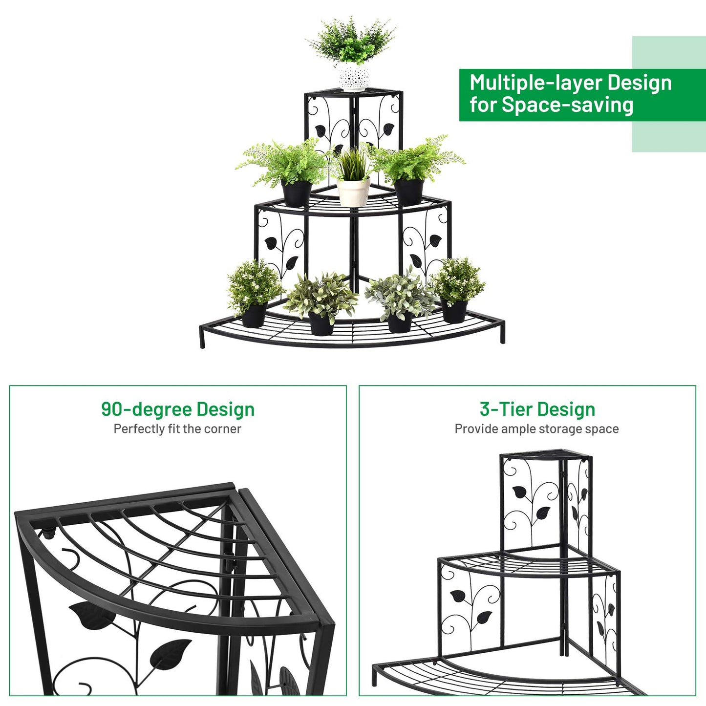 S AFSTAR Corner Plant Stand, 3-Tier Mental Plant Stand, Plant Flower Pot Display Rack, Pot Holder Shelf, Rustproof Ladder Potted Shelf, Outdoor Plant Stands for Patio Garden Yard Balcony (Black)