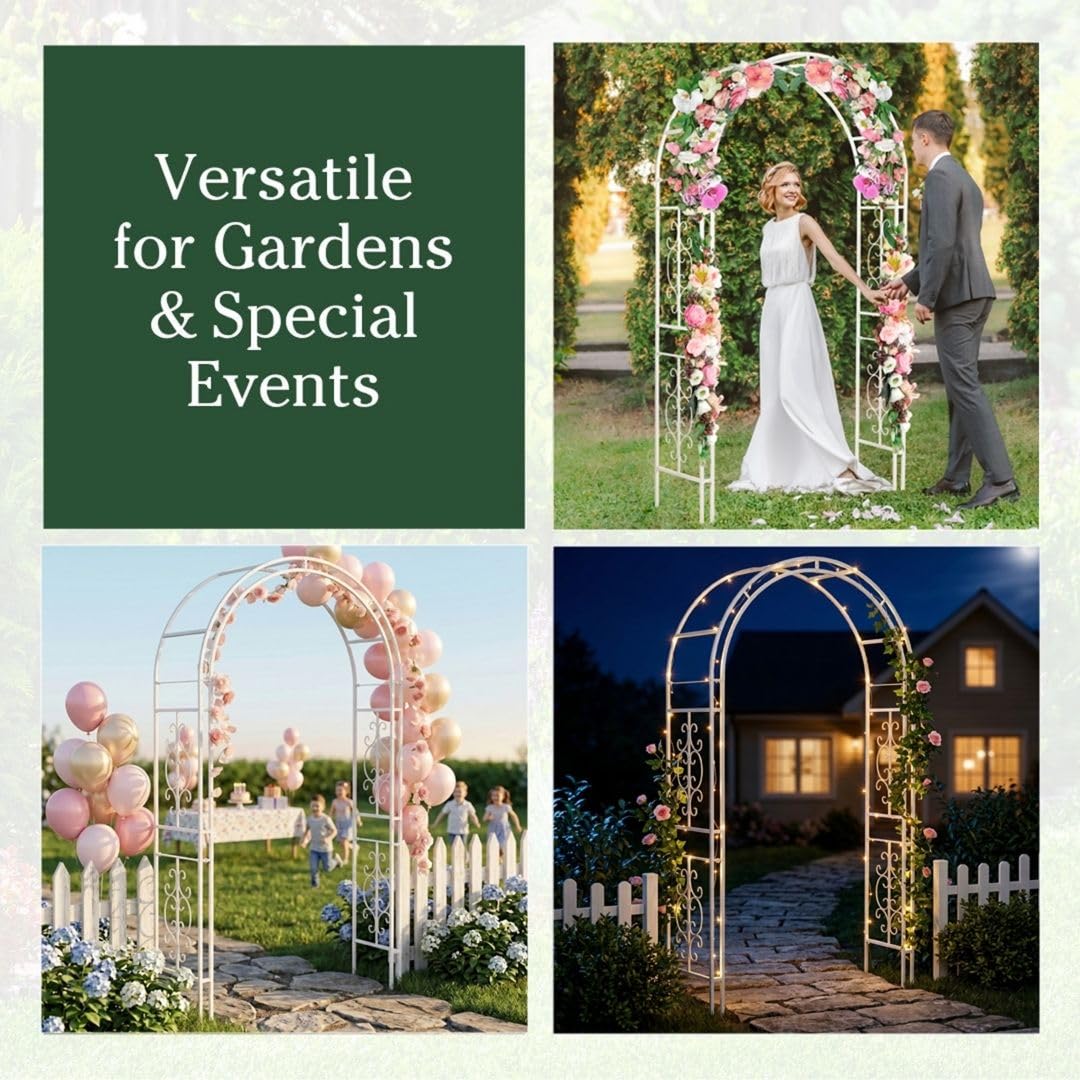 Plow & Hearth Arch Metal Outdoor Garden Arbor Montebello White, 7 Feet Tall, Iron Trellis Lattice for Climbing Plants, Wedding Arch, Outdoor Patio Décor