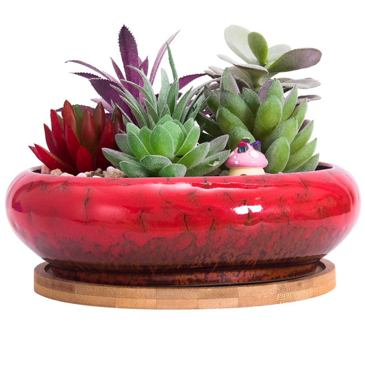 ARTKETTY Succulent Pots - 7.3 Inch Large Succulent Planters with Drainage Ceramic Bonsai Pots with Bamboo Tray, Shallow Planters for Indoor Cactus Plants Decorative Flower Plant Container