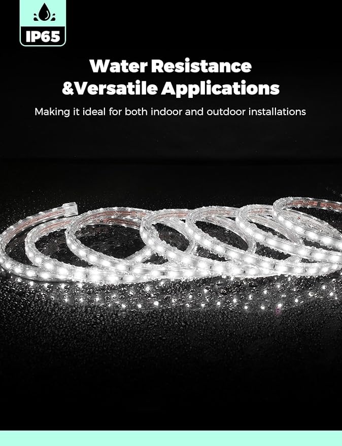 GZBtech AC 110-120V LED Strip Lighting 100FT/30M, 6000K Cool White IP65 Waterproof Outdoor Strip Lights, 60LEDs/M SMD2835 Cuttable & Connectable LED Rope Light for Indoor Outside Exterior, ETL Listed