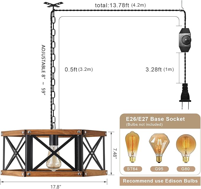 Rustic Farmhouse Large Plug in Pendant Light Fixture with Adjustable Chain, Dimmable Switch, 17.8 inch Industrial Oak Wood and Metal Cage Hanging Lamp for Dining Room Kitchen Farmhouse Entry, Black