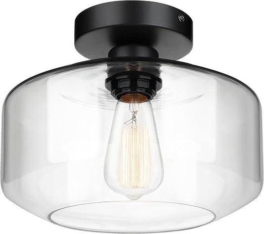 MAXvolador Industrial Semi Flush Mount Ceiling Light Large, Clear Glass Pendant Lamp Shade, Lighting for Hallway, Vintage Hanging Light Fixtures
