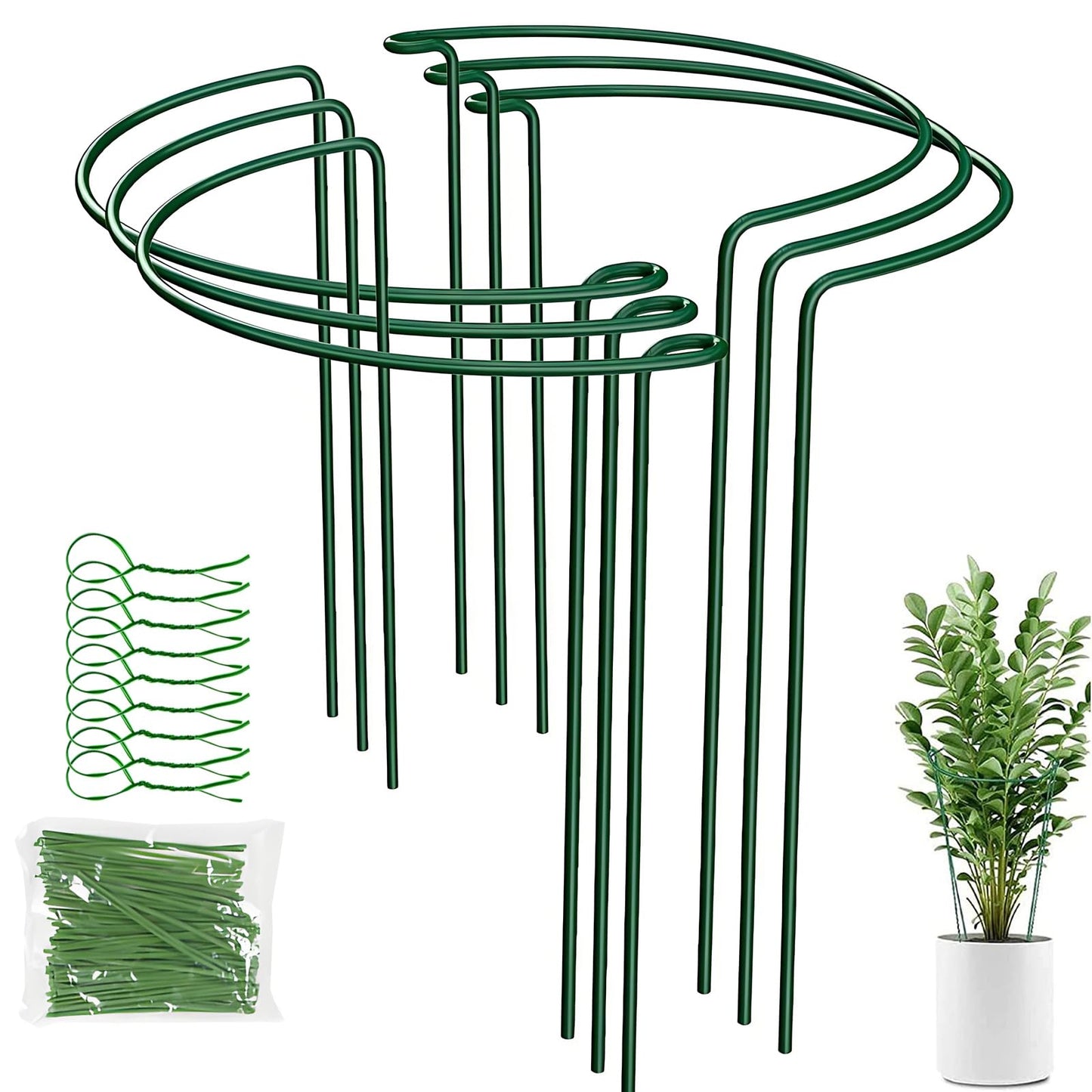 LINGHUI 6 Pack Plant Support Stakes, 10" Wide x 16" High,Heavy-Duty Half Round Peony Support Ring and Cage for Indoor and Outdoor Plants, Peony, Tomato, Hydrangea, Rose(100 Plant Ties)