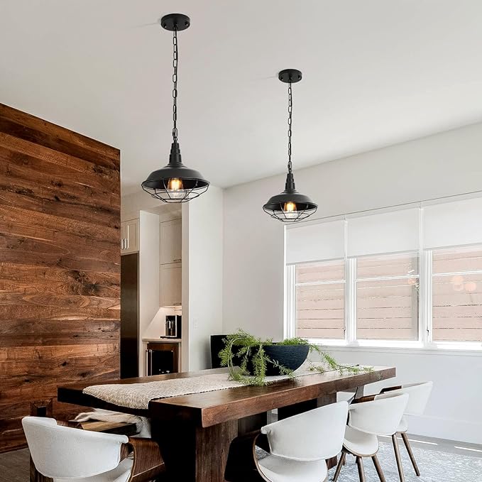 Black Pendant Light Kitchen Island 3 Pack, Farmhouse Pendant Light with Metal Wire Cage, Industrial Hanging Lights for Kitchen Sink Barn Dining Room